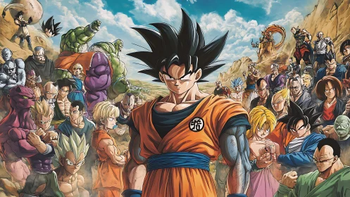 Central martial artist stands before large anime battle group