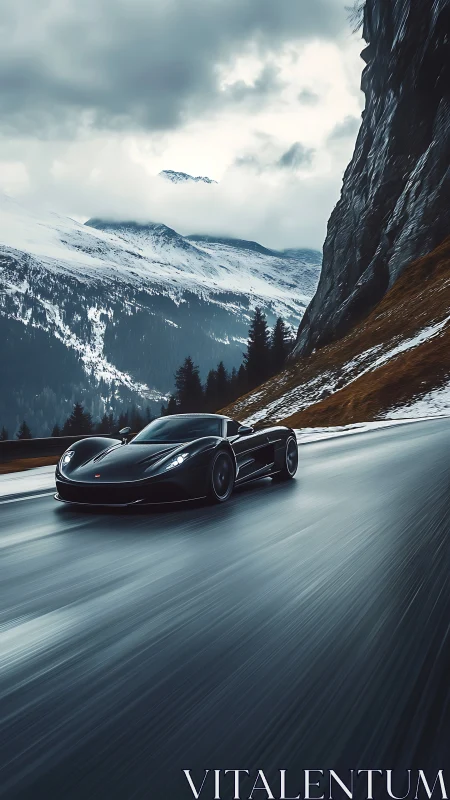 Carbon-black hypercar on alpine pass under winter storm sky
