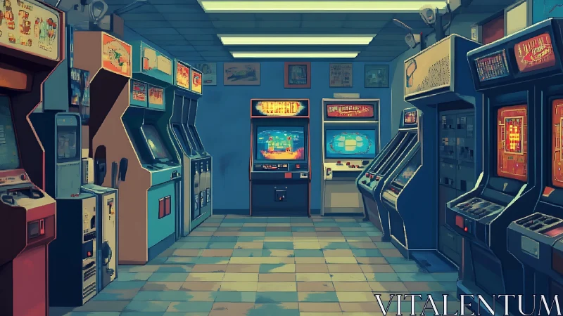 Retro-style arcade room with lined gaming cabinets.