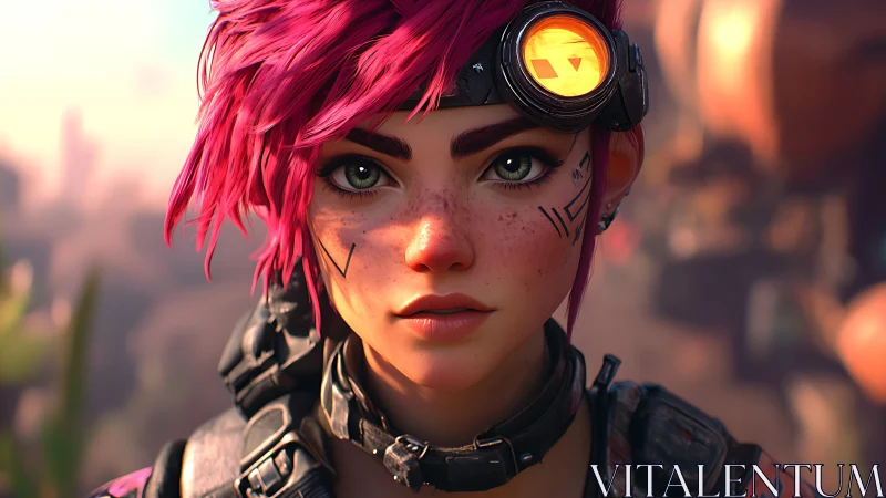 Bold pink‑haired adventurer with glowing tech goggles.
