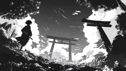 Lone samurai surveys stormlit torii valley in monochrome.