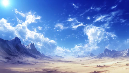 Sunlit desert plain meets distant rocky mountain ridges