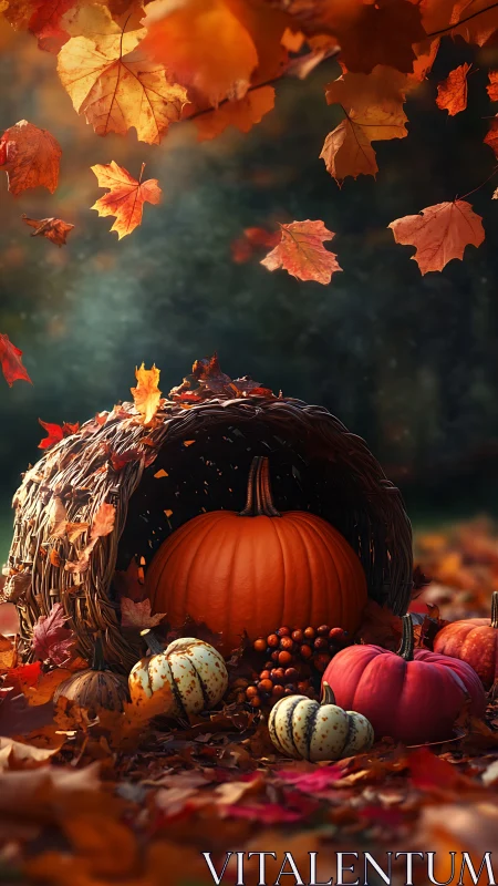 Autumn cornucopia cradles glowing pumpkins in swirling leaves.