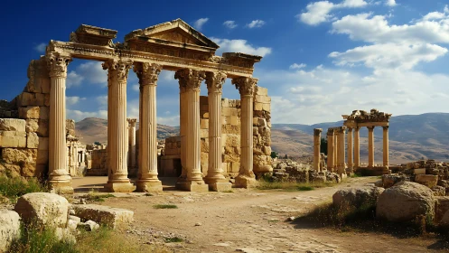 Sunlit ancient temple ruins stand over a desert valley.