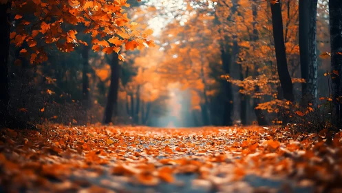 Golden Pathway Whispers: Where Autumn Leaves Dance Through Misty Woods