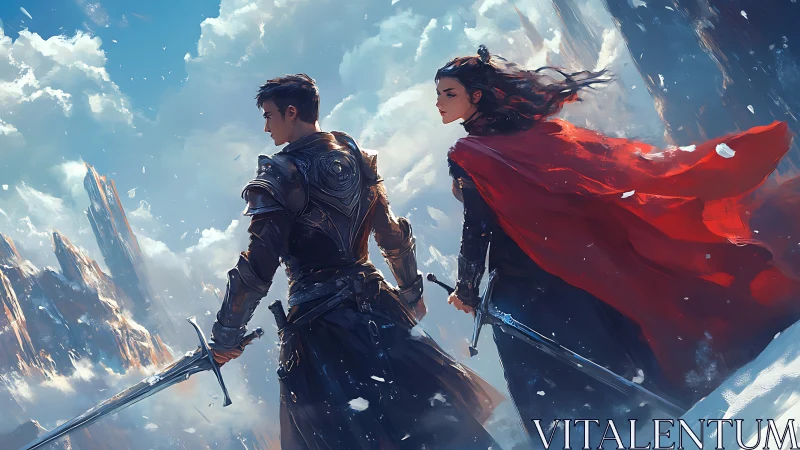 Twin bladebearers trade vows with the stormlit mountain pass