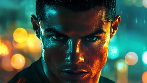 Intense athlete portrait under neon rainlit bokeh glow.