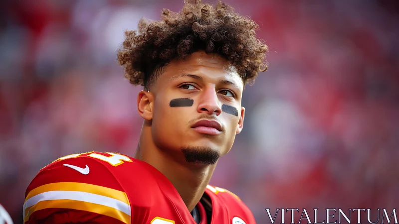 Close view of football player on sideline in red uniform.