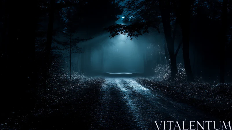 Moonlit forest road under deep blue night fog.