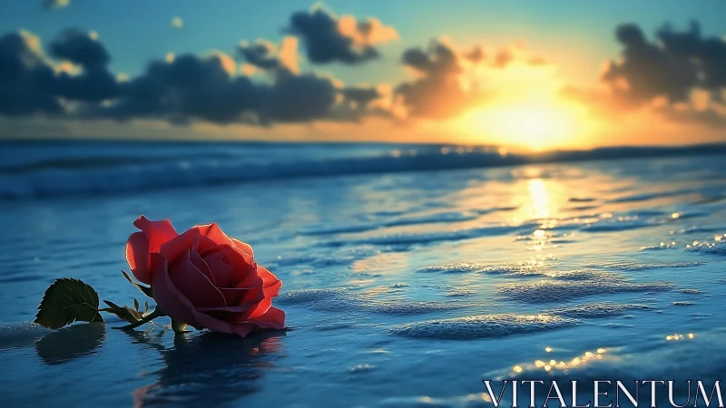 Crimson Rose Meets Golden Horizon Where Waves Whisper