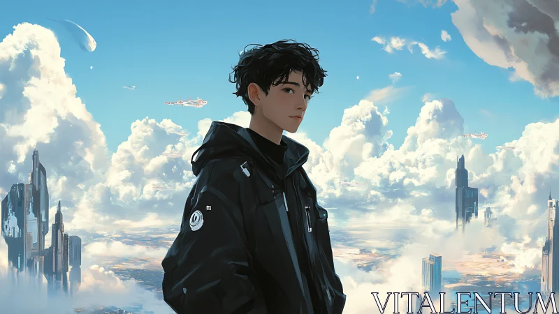 Young dreamer stands above a serene futuristic sky city