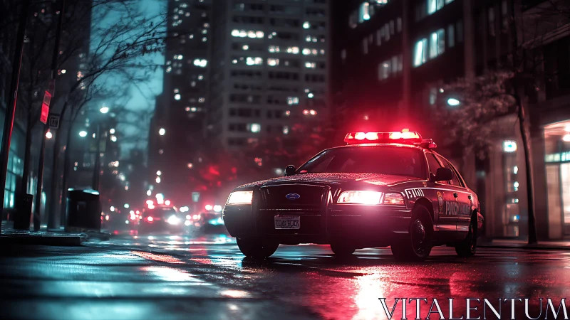 Police cruiser under red lights on wet city street at night.
