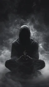 Hooded figure sits cross legged in dense surrounding smoke