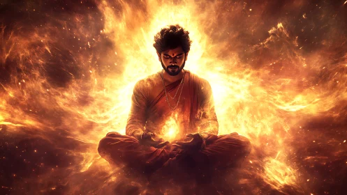 Meditating figure sits amid radial fiery energy field