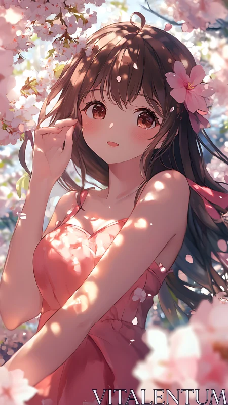 Blossom-kissed anime girl drifting through soft springlight.
