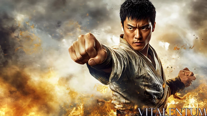 Martial artist mid-punch amid dynamic fire and smoke vortex