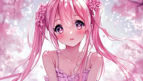 High saturation anime portrait with pink bokeh and cherry blossoms