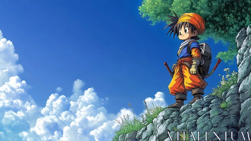 Skyline surveyor on cliff ledge in high-saturation anime render.