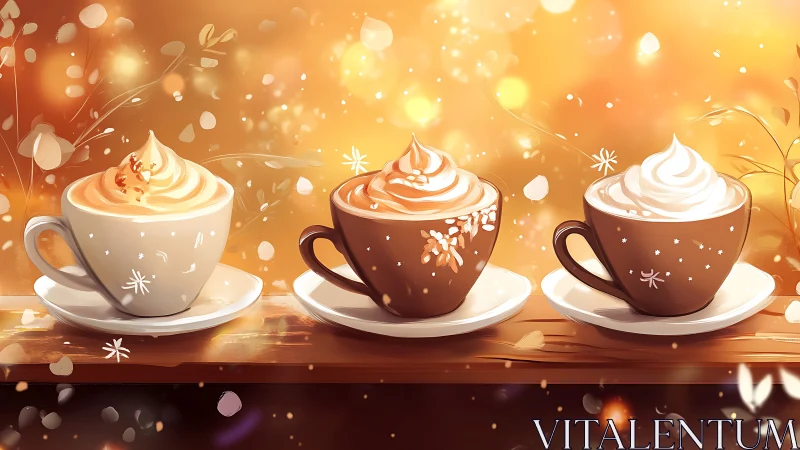 Three whipped coffee cups on warm glowing background.