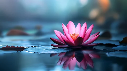 Pink water lily blooms over reflective pond in photoreal detail
