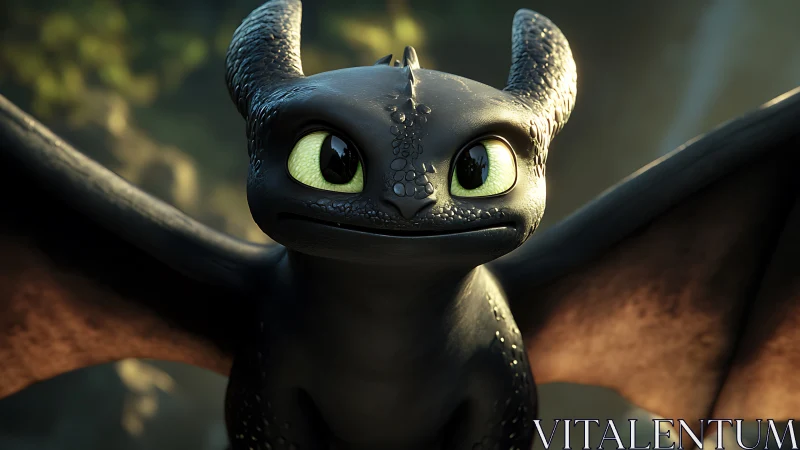 Playful black dragon with bright curious green eyes.