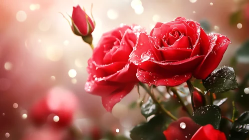 Crimson Roses with Dewdrops Against Soft Bokeh.