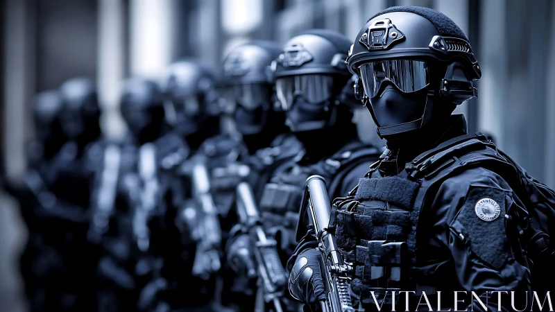 Tactical operatives in full armor with cybernetic helmets.