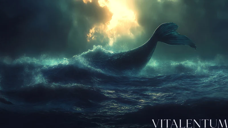 Celestial whale tail carves moonlit storms across the sea