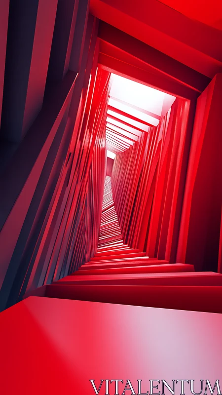 Crimson geometric tunnel spirals toward a distant white horizon.