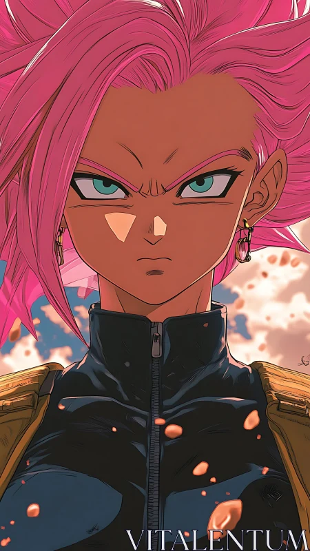 Pink-haired anime warrior stands determined amid drifting embers.