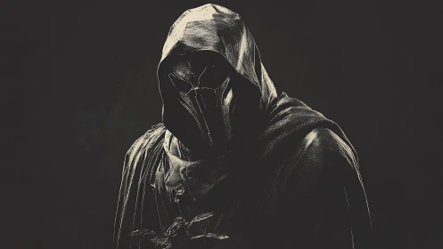 Cloaked metallic wraith in monochrome digital painting profile.