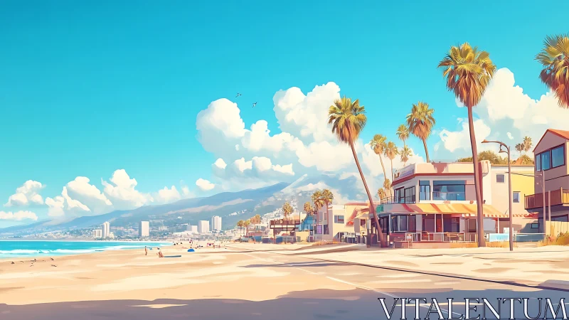 Sunlit coastal boulevard captures stylized contemporary beachfront