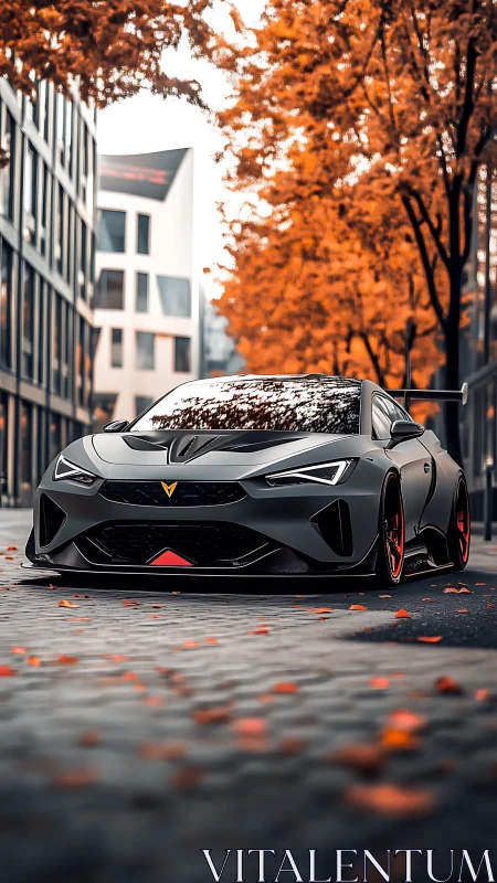 Matte grey supercar dominates an autumn city boulevard