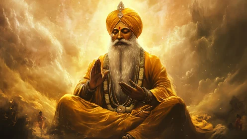 Golden-robed spiritual elder meditates within radiant clouds