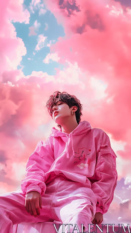 Digital painting of youth in pink streetwear under pastel sky.