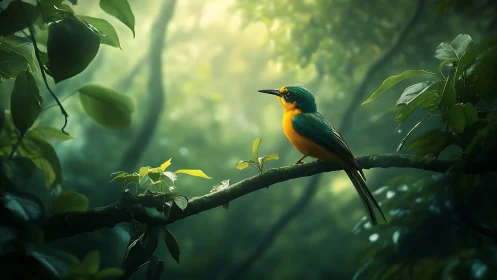 Emerald songbird rests in misty rainforest light beam