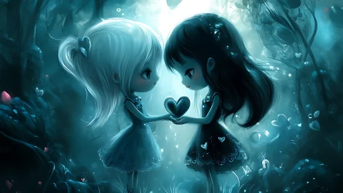 Two Luminescent Figures Share Heart Connection Underwater