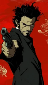 Intense gunman steps forward against a bold red backdrop