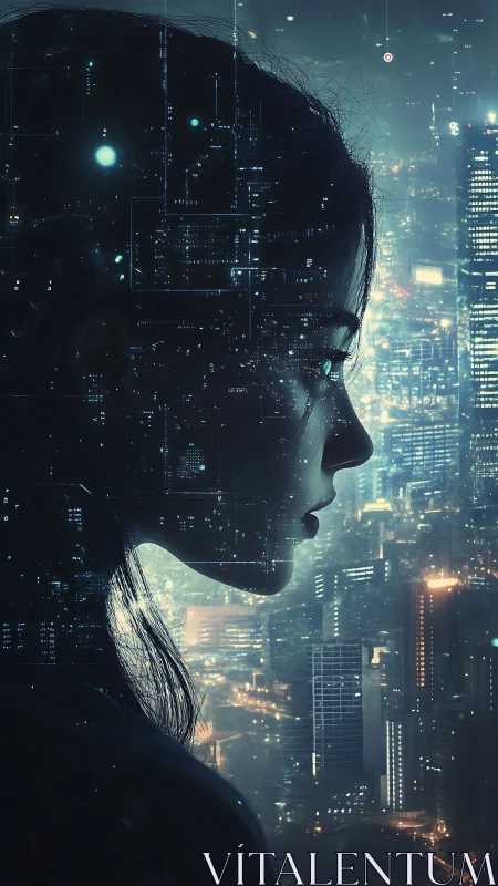 Silhouetted cybernetic woman merged with neon cityscape.
