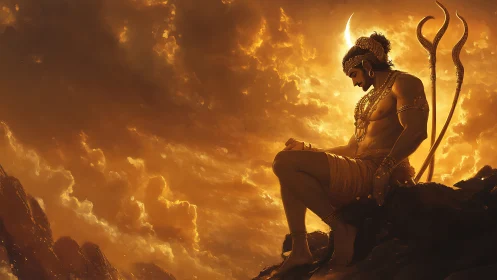 Backlit warrior deity silhouette framed by volumetric sunset clouds