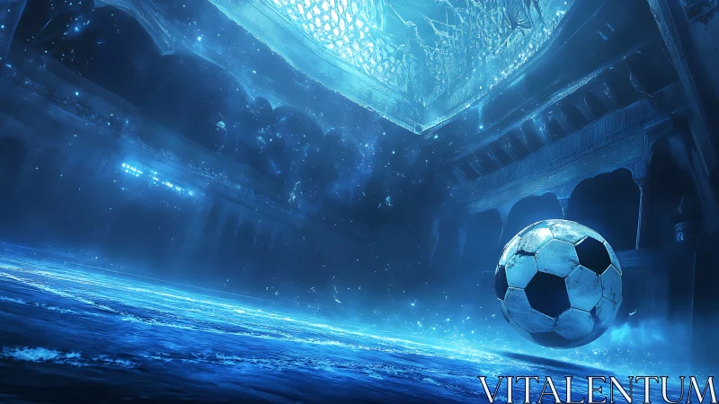 Frozen cosmic arena where a lone soccer ball guards silence.