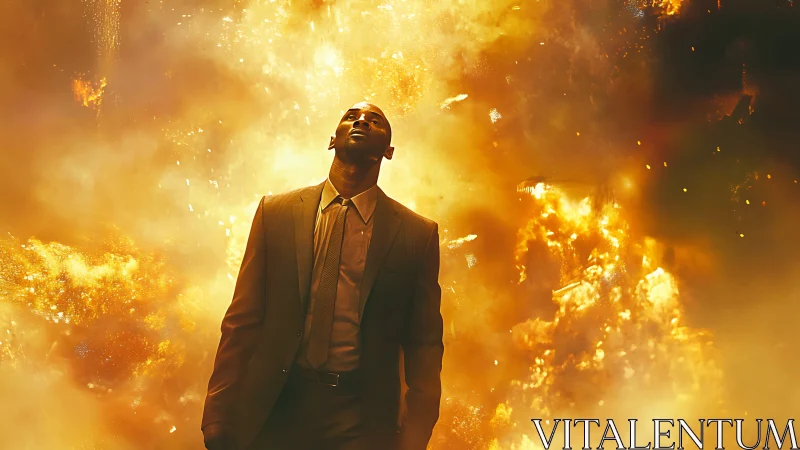 Suit-clad dreamwalker strolling through molten sunrise firestorm.