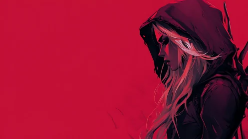 Hooded woman in profile against stark red background.
