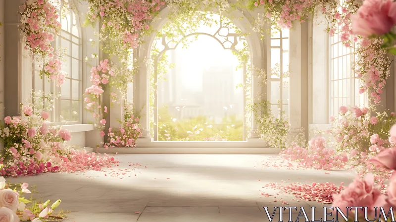 Sunlit rose conservatory with cascading pastel petals.