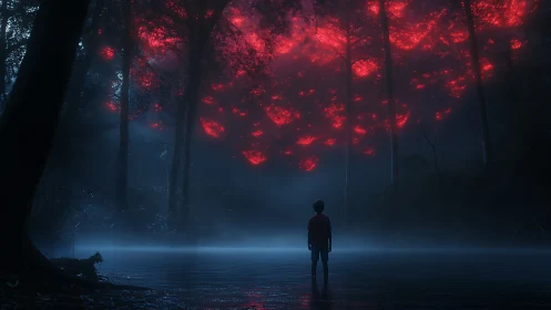Child at the glowing red forest edge of a misty dream.