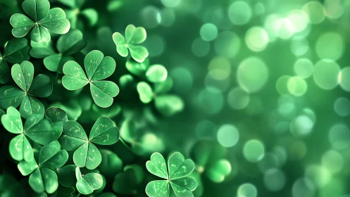 Lush shamrock clover leaves with glowing green bokeh background.