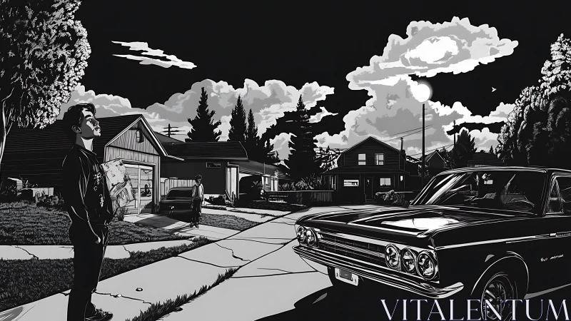 Monochrome suburban street scene with reflective classic car rendering