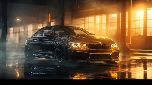 Sleek sports car glowing in warm rain-soaked city light.
