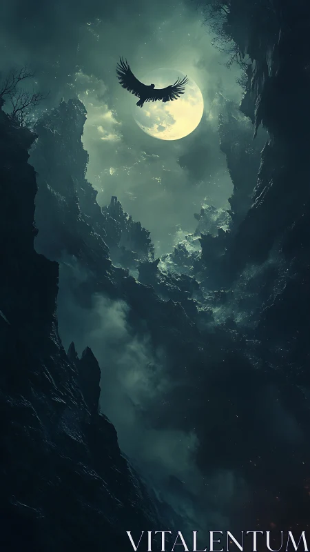 Raptor silhouette crossing full moon above dark rocky chasm.
