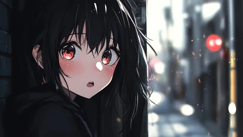 Black haired anime girl in narrow city alley at dusk.